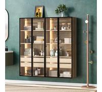 OLIVIBED Juego de 2 armarios con LED, armario alto con 2 cajones y 2 puertas de cristal, armario de cristal con estantes de 3 niveles, para salón, vitrina de pie, 74 x 36 x 155 cm, color natural (2)