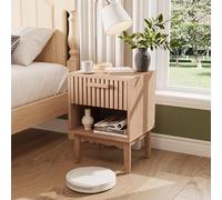 OLIVIBED Mesa auxiliar con cara abierta, juego de 2 mesitas de noche con cajones, mesita de noche estrecha de madera para espacios pequeños, salón, dormitorio, color madera natural