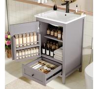 OLIVIBED Mueble de baño de pie con lavabo, armario de baño con cajón y puertas, cómoda de madera con estantes ajustables, para baño, salón, 51 x 46 x 85 cm, gris