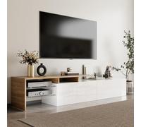 OLIVIBED Mueble de TV con 2 cajones, moderno mueble bajo con espacio de almacenamiento, para televisor de 65 pulgadas, alto brillo, para salón, dormitorio, 170 x 33 x 33,5 cm, blanco (blanco + madera)