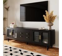 OLIVIBED Mueble de TV con 2 cajones, mueble bajo con puerta de cristal y patas, armario de TV para televisores de menos de 80 pulgadas, mesa de televisión para salón dormitorio, negro, 175 x 38 x 55,5
