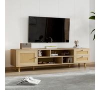 OLIVIBED Mueble de TV con compartimentos abiertos, mueble bajo para TV con cajones y puertas de ratán, mesa para televisor de 70 pulgadas, para salón, madera, 160 x 39 x 40,5 cm