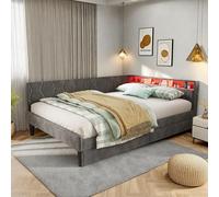 OLIVIBED Sofá cama en forma de L, 140 x 200 cm, cama juvenil con somier de láminas de metal y 2 cajones, sofá cama con espacio de almacenamiento, cabecero para adolescentes, sin colchón, franela, gris
