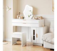 OLIVIBED Tocador con espejo, tocador con 2 cajones y 2 puertas, mesa de maquillaje con patas y asas, tocador moderno con armario auxiliar, para dormitorio, blanco, 78 x 100 x 40 cm