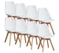 OLIXIS Juego de 8 sillas de comedor modernas de mediados de siglo con patas de madera y cojín de piel sintética para sala de estar, dormitorio, salón al aire libre, color blanco
