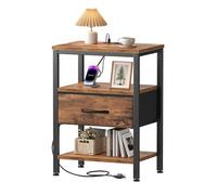 OLIXIS Mesita de noche con estación de carga, mesitas de noche con puertos USB y cajón de tela, mesita de noche pequeña con estante ajustable abierto, mesa auxiliar compacta para dormitorio, marrón