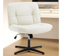 OLIXIS Silla con patas cruzadas, sin ruedas, asiento ancho sin brazos, altura ajustable, giratoria, gruesa, acolchada, de piel sintética, cómodo asiento de escritorio para oficina en casa