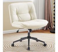 OLIXIS Silla cruzada con ruedas, asiento de escritorio ancho sin brazos de piel sintética con patas, giratorio, ajustable, ergonómico, cómodo asiento de tocador