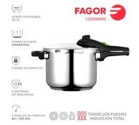 Olla a presión FAGOR RAPID XPRESS Súper rápida, Acero Inoxidable, Todo Tipo de cocinas, INDUCCION Fondo termo difusor IMPAKSTEEL Muy Resistente, 5 Sistemas de Seguridad, 2 Niveles de presión (6L)