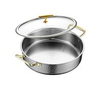Olla caliente Shabu Shabu Shabu de acero inoxidable 304 espesada, olla de sopa con tapa, cucharones de sopa plana y poco profunda para cocina de inducción, horno de gas, placa de cerámica plateada, 26