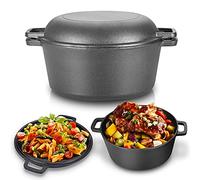 Olla de Hierro Fundido, 2 En 1 Cacerola de 4,5 l Horno Holandés Doble Estufa Combinada con Tapa/Sartén de Doble Función de Marca para Cocina Camping Jardín Barbacoa Hornear 26 X 26 X 12 cm