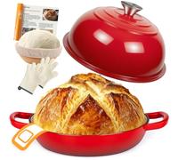 Olla de Hierro Fundido para Hornear Pan,5,7L Cacerola Holandesa de Esmaltado con Tapa,26cm Dutch Oven,Olla para pan con Cesta de Fermentación,para Cocinar,Hornear,Estofar y Asar (Rojo)