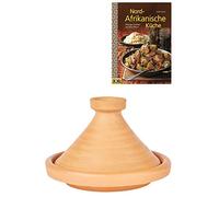 Olla de tajín marroquí para cocinar + libro de cocina | Cacerola sin esmaltar Aladin Ø 35 cm para 6-8 personas | Incluye libro de recetas de cocina norte africana | Olla de barro original hecha a mano