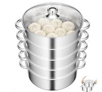 Olla de vapor de 5 niveles, 28 cm, apta para inducción, juego de olla de vapor de acero inoxidable con 4 insertos de vapor y tapa de cristal, gran vaporizador de verduras y patatas, olla versátil para