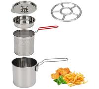 Olla Freidora con Cestillo, 1.2L Mini Freidora Aceite de Acero Inoxidable con Colador Tapa y Clip, Cazo para Freir Pequeña Multifuncional con Mango Largo para Patatas Fritas, Pescado, Pollo (3 PCS)