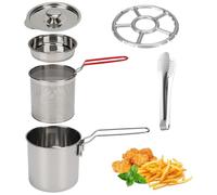 Olla Freidora con Cestillo, 1.2L Mini Freidora Aceite de Acero Inoxidable con Colador Tapa y Clip, Cazo para Freir Pequeña Multifuncional con Mango Largo para Patatas Fritas, Pescado, Pollo (4 PCS)