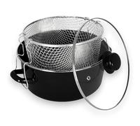 Olla Freidora con Tapa de Vidrio Templado, Acero Inoxidable, Negro, 24cm, 4.5 Litros, Incluye Canastilla Metálica
