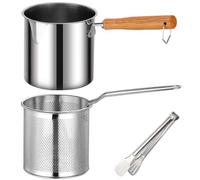 Olla freidora de acero inoxidable con mango de 8, 5 x 7, 2 x 5, 9 pulgadas con cesta y pinza, mini freidora multiusos antideslizante de boca ancha sin recubrimiento para cocinar alimentos frit