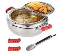 Olla freidora de acero inoxidable con pinzas y cubiertas de asa, juego de ollas de tempura japonesa con control de temperatura y escurridor de goteo de aceite, 11 x 6.1 pulgadas para papas fritas