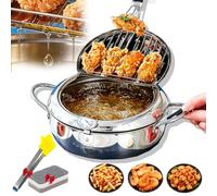 Olla Freidora de Acero Inoxidable con Termómetro, Olla para Tempura Estilo Japonés de 4,2L para Inducción y Gas, Freidora Grande de 28 cm con Tapa y Rejilla de Drenaje de Aceite (24CM-3.4L)