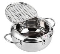 Olla Freidora de Acero Inoxidable de 2.2L, Olla Japonesa de Tempura con Termómetro, Tapa y Escurridor de Goteo de Aceite, para Cocina Casera, Papas Fritas, Pescado, Camarones, Pollo(20cm)