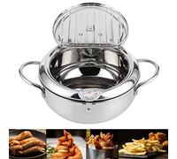 Olla Freidora, Olla Japonesa de Tempura de Acero Inoxidable con Termómetro, Tapa y Escurridor de Goteo de Aceite, para Cocina Casera, Papas Fritas, Pescado, Camarones(24cm)
