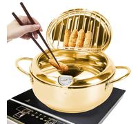 Olla Freidora, Olla para Freír Estilo Japonés Freidora Pequeña con Termómetro y Tapa Olla para Freír Tempura Olla para Freír de Acero Inoxidable para Cocinar Papas Fritas (Dorado 20cm)