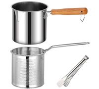Olla para freidora con cesta y pinzas,freidora con asa,freidora con virutas de acero inoxidable,mini freidora multiusos antideslizante de boca ancha sin recubrimiento