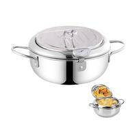 Olla para freír con colador, 2,2 L, acero inoxidable, estilo japonés, antiadherente, con termómetro y tapa, para patatas fritas, alitas de pollo y gambas (20 cm)