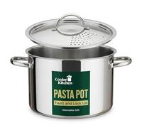 Olla para pasta de acero inoxidable con tapa de filtro de bloqueo, olla de cocina de gran capacidad de 5.5 cuartos de galón, gira y bloquea para un fácil drenaje y no necesita colador ni inserto de