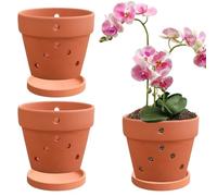 Ollas de orquídeas con agujeros, 3 piezas de 5 pulgadas Terracotta Orquídea de orquídea con agujeros y platillos, macetas de orquídea de arcilla para reaparición, maceta de orquídea de terracota pequ