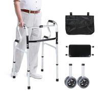 Ollewiellan Andador para personas mayores, caballete plegable con 2 ruedas, altura regulable, aluminio, antideslizante, estable hasta 180 kg, color plateado