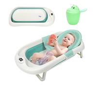 Ollewiellan Bañera para bebé plegable, 3 en 1 con sensor de temperatura, alfombrilla de baño, vaso para lavar el pelo del bebé, bañera ergonómica portátil para bebés de 0 a 6 años, verde
