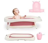 Ollewiellan Bañera para bebé plegable, 3 en 1 con sensor de temperatura, alfombrilla de baño, vaso para lavar el pelo del bebé, bañera ergonómica portátil para bebés de 0 a 6 años, rosa