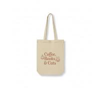 OLLIE STORE Love Tote | Tote Bag Algodón Frases para Amantes de Gatos | Cat Mom, Meow Magic, Cat Therapy | Bolsa de Tela Ecológica Asas Largas (Coffee, Books & Cats)