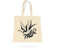 OLLIE STORE - Tote Bag Diseño Tattoo Old School | Bolsas de Tela 100% Algodón Natural 38x42 cm | Asas Largas | Estampadas a Mano en España | Varios Diseños Exclusivos (ALAS Y ROSAS)