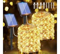 Ollny Cadena de luces solares para exteriores, 2 x 15 m, 150 LED, 8 modos, IP65, resistente al agua, alambre de cobre, cadena de luces para exteriores, para jardín, balcón, terraza, árbol, patio,