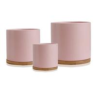 Olly & Rose Juego de 3 macetas de cerámica con platillos de bambú, color rosa pastel, para interiores, macetas de cerámica, recipientes, para exteriores, grandes, medianas y pequeñas con platillos