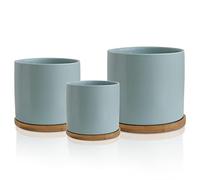 Olly & Rose Juego de 3 Macetas de Cerámica Con Posavasos de Bambú - Azul Pastel Para Interior y Exterior - Grandes, Medianas y Pequeñas Con Platillos