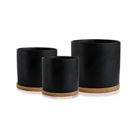 Olly & Rose Juego de 3 macetas de cerámica con Posavasos de bambú, macetas de Interior y Exteriores, tamaño Grande, Mediano y pequeño con platillos