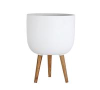 Olly & Rose Maceta Extra Grande de Color Blanco Mate con Patas de Madera Dura, Soporte para Plantas, Soporte para Macetas de Jardín Color Blanco, Maceta Estampada XL con Soporte, 38 cm