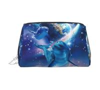 Olphins in Space - Neceser de piel con estampado espacial, bolsa de maquillaje de piel para bolso con cierre de cremallera superior, elegante bolsa de aseo, Silver, Talla única