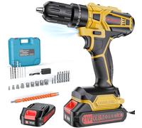 Olubfdh Taladro Percutor a Bateria 21V, Taladro Atornillador Bateria con 1×2000mAh Baterías, 45 Nm, 25+3 Ajuste Par (2 Velocidad y LED) Drill Adecuado para bricolaje en casa y jardín (Amarillo)