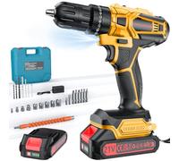 Olubfdh Taladro Percutor a Bateria 21V, Taladro Atornillador Bateria con 2000mAh Baterías, 45 Nm, 25+3 posiciones de par (2 Velocidad y LED) Adecuado para bricolaje en casa y jardín (Amarillo)