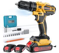 Olubfdh Taladro Percutor a Bateria 21V, Taladro Atornillador Bateria con 4000mAh Baterías, 45 Nm, 25+3 posiciones de par (2 Velocidad y LED) Adecuado para bricolaje en casa y jardín (Amarillo)