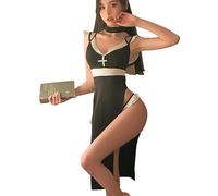 Oludkeph Lencería sexy para mujer, disfraz de monja, juego de roles, vestido gótico de diablo con abertura alta (color negro, talla única)
