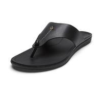 OLUKAI Ho'opio Mele - Sandalias de cuero para mujer, cuero de grano completo, cómodo soporte de arco para estilo diario, Negro/Negro, 36 EU