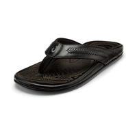 OLUKAI Mea Ola Mano - Sandalias de cuero para hombre, sandalias de uso diario, materiales de primera calidad y detalles intrincados, soporte de arco y ajuste cómodo, Negro/Dk Sombra, 48 EU