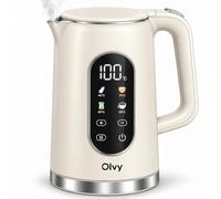 Olvy Hervidor de Agua Eléctrico Regulador de Temperatura | 1 Set | Color Blanco Crema | Infusiones y Biberón | Doble Pared Tacto Frío | Tetera Eléctrica de Acero