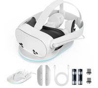 Olycism Base de carga compatible con estación de carga Meta Quest 3S compatible con auriculares Oculus 3S y controlador con 2 baterías recargables, accesorios de iluminación, cargador con indicador